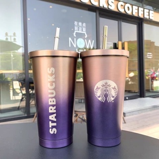 [พร้อมส่ง] Starbucks กระติกน้ําร้อน สเตนเลส สองชั้น ไล่โทนสี พร้อมหลอดดูดน้ํา