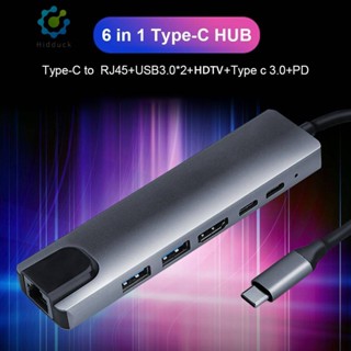 6 in 1 อะแดปเตอร์ฮับ USB C 2 USB 3.0 4K HDMI Type-C 100W PD RJ45 สําหรับ La [Hidduck.th]