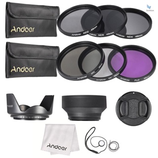 {fash} Andoer ชุดฟิลเตอร์เลนส์ 49 มม. UV+CPL+FLD+ND(ND2 ND4 ND8) พร้อมกระเป๋าพกพา ฝาปิดเลนส์ ที่ใส่ฝาปิดเลนส์ ที่ใส่เลนส์ ดอกทิวลิป และฮู้ดเลนส์ยาง / ผ้าทําความสะอาด