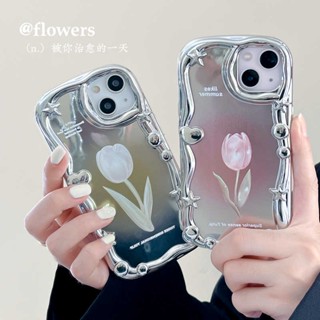 เคสโทรศัพท์มือถือ PC TPU นิ่ม กันกระแทก ลายดอกทิวลิป พร้อมกระจก สําหรับ iPhone 14 Pro Max iPhone 11 12 13 Pro Max