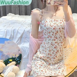 WuuFashion/ชุดเดรสดอกไม้ชาเวลาพักสายสะพายหวานและอ่อนโยนครั้งแรกที่รักคนเตี้ยบุคลิกภาพกระโปรงสั้นลดราคาคุณภาพดีสินค้าใหม่