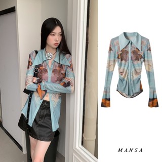 MANSA printed mesh shirt เสื้อโอเวอร์ไซส์ผู้หญิง พิมพ์ตาข่าย เสื้อเชิ๊ต