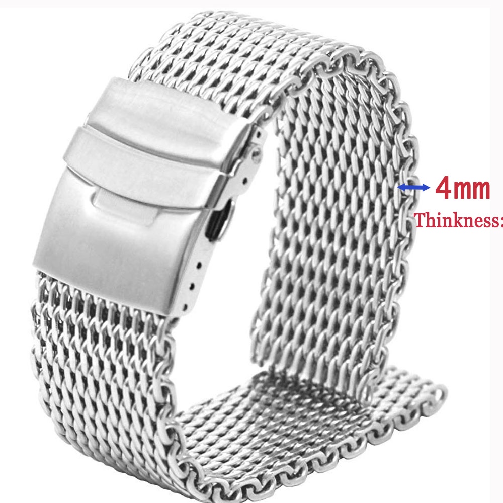 Thicken 4.0 มม. สแตนเลสตาข่ายนาฬิกา สายรัด Double Press พับโลหะ Clasp สําหรับ 18-24 มม. Mens Shark Milanese สร้อยข้อมือผู้หญิง