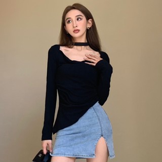 เสื้อยืดลําลอง แขนยาว อเนกประสงค์ สไตล์ฝรั่งเศส มินิมอล แฟชั่นสําหรับผู้หญิง (พร้อมสายคล้องคอ)