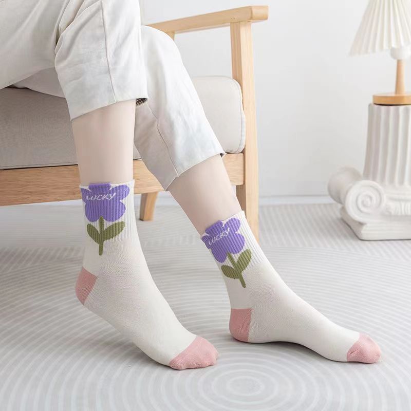 ถุงเท้าข้อกลาง ลายดอกไม้ สีชมพู สไตล์เกาหลี ญี่ปุ่น สําหรับผู้หญิง ราคา ถูกที่สุด ดีลบีเคเค แกลเลอรีภาพที่ 2