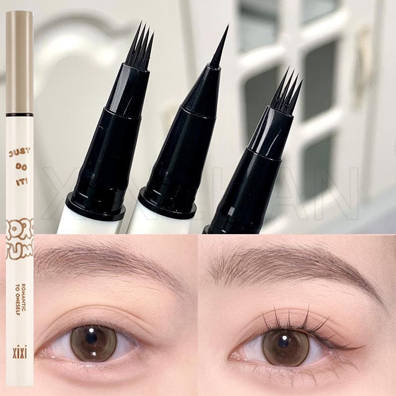 Natural Black Brown Liquid Eye Brow Tattoo Pencil / 4 Fork Tip Fine Sketch Eyebrow Pen / Waterproof Long Lasting Lower Eyelash Eyeliner ดินสอเขียนคิ้ว / Eye Make up Cosmetic