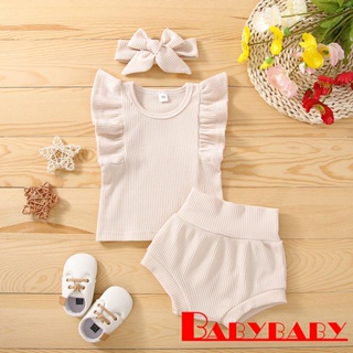 Babybaby- 3 ชิ้น เด็ก ฤดูร้อน สีพื้น เสื้อแขนบิน + กางเกงขาสั้น + ที่คาดผม ชุด 0-24 เดือน