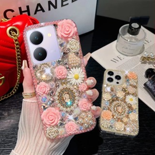 เคสโทรศัพท์มือถือ ประดับพลอยเทียม ลายดอกกุหลาบ 3D หรูหรา สําหรับ Vivo Y27 5G Y36 Y22S Y02 Y16 Y22 Y35 Y02S Y21 Y33S Y33T Y2S Y21T Y20S Y20i Y12a Y12S