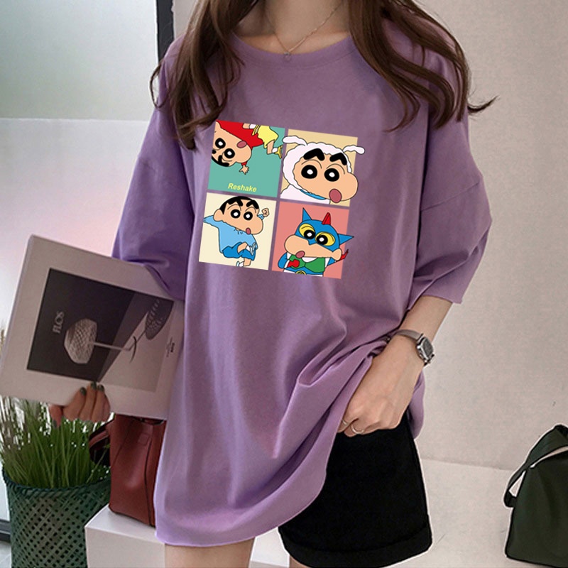 【Polyester】เสื้อยืดคอกลม แขนสั้น พิมพ์ลายการ์ตูนชินจังน่ารัก ทรงหลวม เรียบง่าย แฟชั่นฤดูร้อน สําหรับนักเรียน มี 9 สี