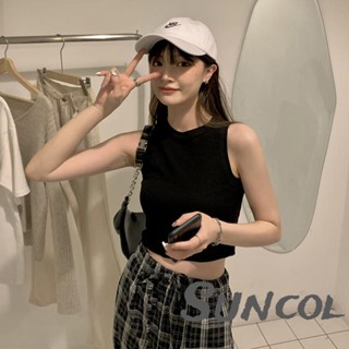 Suncol-เสื้อครอปแขนกุด คอกลม สีพื้น แฟชั่นฤดูร้อน สําหรับผู้หญิง