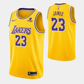 【คุณภาพสูง】ใหม่ ของแท้ NBA Los Angeles Lakers สําหรับผู้ชาย #23 เสื้อกีฬาแขนสั้น ลายทีม LeBron James Jersey Icon Edition สีเหลือง