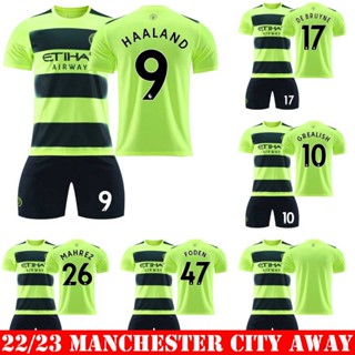 เสื้อกีฬาแขนสั้น ลายทีม Manchester City Away Jersey Haaland Mahrez Foden DeBruyne Grealish Player Edition 22-23 2 ชิ้น ต่อชุด