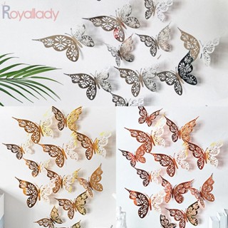 #ROYALLADY#12pcs สติกเกอร์ติดผนัง ลายผีเสื้อเมทัลลิก สําหรับตกแต่งบ้าน