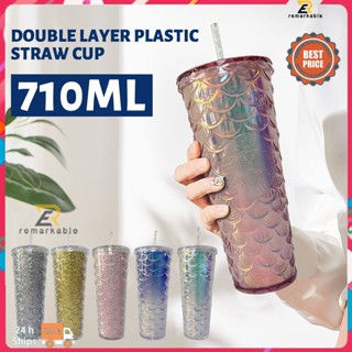 Ready stock 710ml/24oz Starbucks Mermaid Scales Cup Fish Scale Cup Tumbler 2 Layer Plastic Straw Cup ทรอปิคอล_th