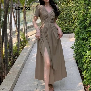 Lovito ชุดเดรส กระดุมหน้า จับจีบ แต่งผ่า สีพื้น สไตล์ลำลอง สำหรับผู้หญิง LNE13092 (สีกากี)