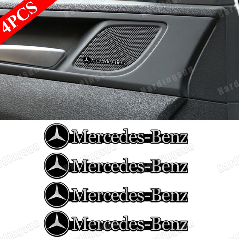 สติกเกอร์อลูมิเนียม ลายสัญลักษณ์เครื่องเล่นเพลง 4 ชิ้น สําหรับตกแต่งภายในรถยนต์ Mercedes Benz W203 W204 W212 W210 GLA CLK ML A200 C200L E320