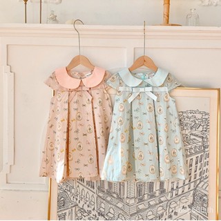 French bow pleated girls dress 2023 Summer Peter Rabbit print short sleeve girls cotton dress 72AC