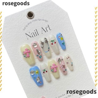 Rosegoods1 เล็บปลอม แฮนด์เมด ประดับโบว์ ดาว เต็มรูปแบบ พร้อมกล่องเครื่องมือ แฟชั่นสําหรับผู้หญิง XS S M L