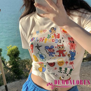 Demonlores- เสื้อยืดครอป คอกลม แขนสั้น พิมพ์ลายการ์ตูนน่ารัก ลําลอง สําหรับผู้หญิง