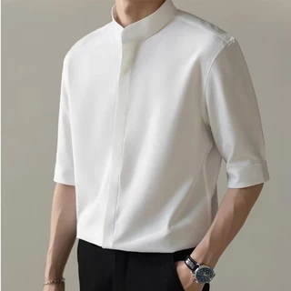 MANSTR เสื้อเชิ้ตแขนห้าส่วนลําลอง ผ้าเรยอน คอปก เข้ารูป สีขาว สีดํา สีเขียว แบบเรียบง่าย สไตล์เกาหลี เหมาะกับฤดูร้อน สําหรับผู้ชาย