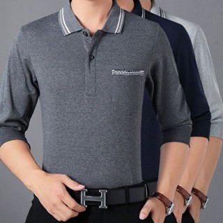 Spot pocket POLO shirt mens middle-aged father wear 2023 new autumn bottom shirt solid color lapel T-shirt leisure middle-aged Tee grandpa shirt boys clothes