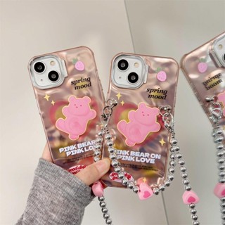 เคสโทรศัพท์มือถือ PC TPU นิ่ม แบบใส ป้องกันเลนส์ ลายกระต่าย สีชมพู พร้อมสายคล้องคอ และสายสะพายข้าง สําหรับ iPhone 11 13 14 12 Pro Max