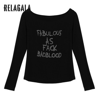 Relagala ใหม่ เสื้อยืดลําลอง แขนสั้น คอกลม พิมพ์ลายตัวอักษร ประดับพลอยเทียม แฟชั่นสําหรับสตรี 2023