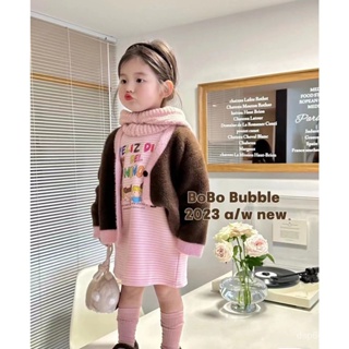 Korean style childrens clothing 2023 Autumn New girls suit Western style contrast color knitted cardigan long sleeve striped dress trendy HXBT