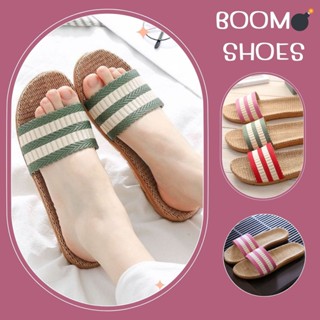 BOOM💣รองเท้าแตะเชือกถัก ส้นแบนน้ำหนักเบา พื้นน้ำนตาล คาดลายทาง 3 สี เบอร์ 35-40