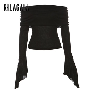 Relagala ใหม่ เสื้อยืดลําลอง แขนยาว เปิดไหล่ เข้ารูป สีพื้น เซ็กซี่ แฟชั่นสําหรับสตรี 2023