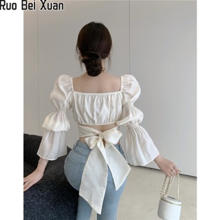 Ruo Bei Xuan เสื้อเชิ้ตคอเหลี่ยมอารมณ์ฝรั่งเศสใหม่ของผู้หญิงสลิมสลิมสลิมสลิมเอวสั้นแขนสั้นด้านบน