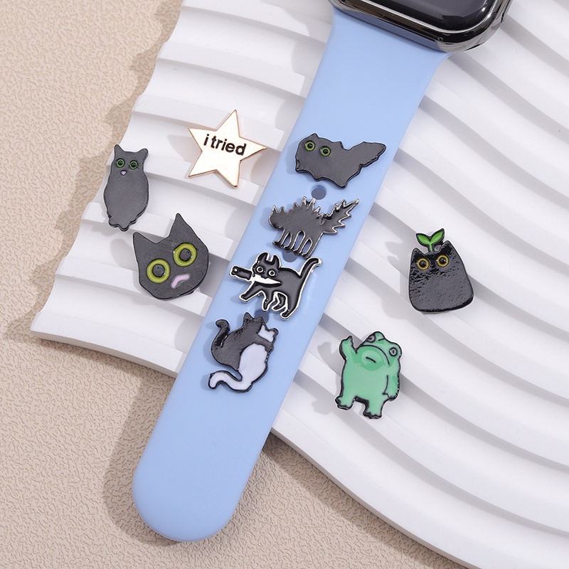สายนาฬิกาข้อมือ โลหะ ลายการ์ตูนแมวน่ารัก 9 แบบ สีดํา อุปกรณ์เสริม สําหรับ Iwatch