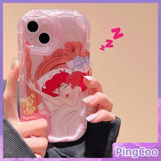 PingCoo - Curved Wave Case For iPhone 14 13 12 11 Pro Max 7 8 Plus XR TPU Soft Clear Pink Case Cute Cartoon Sleeping Girl Camera Protection Shockproof Back Cover