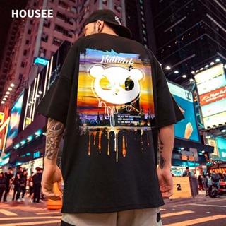 S-8XL Lovers wear Hong Kong style street hiphop oil painting bear short-sleeved T-shirt men and women trendy brand _01