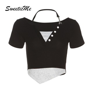 Sweeticme ใหม่ เสื้อยืดครอป คอวี แขนสั้น สีพื้น แฟชั่นสําหรับผู้หญิง 2023