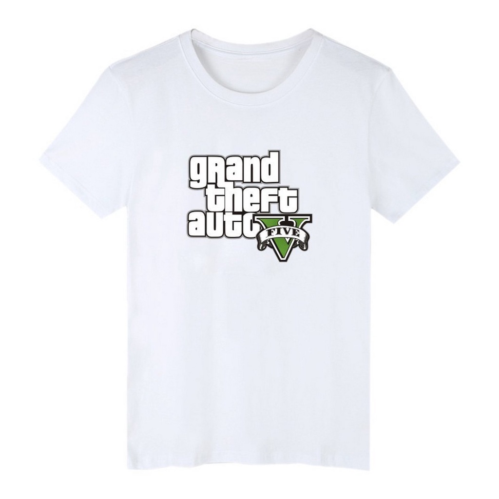 QCเสื้อยืดผ้าคอตตอน Alimoo เสื้อยืดผ้าฝ้ายแขนสั้นผู้ชายพิมพ์ Grand Theft Auto เกมGTA 5 Big Size XXS-4XL