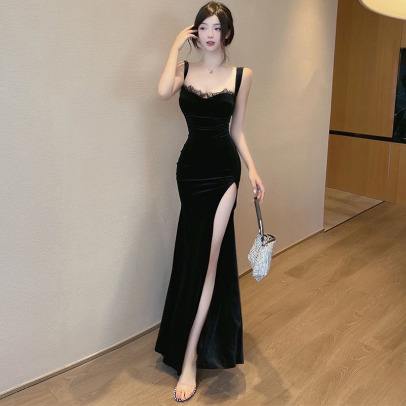 ชุดเดรสยาว ผ่าข้าง ผ้ากํามะหยี่ แต่งลูกไม้ เซ็กซี่ แฟชั่นฤดูร้อน สําหรับสตรี 2023