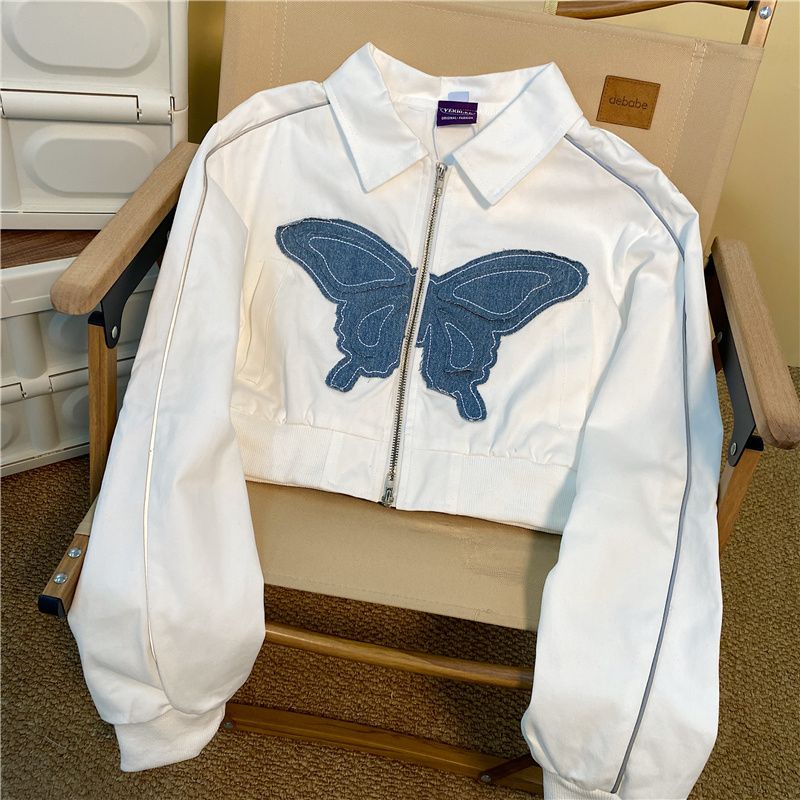 เสื้อแจ็กเก็ต คอปกโปโล ทรงหลวม ลายผีเสื้อ เข้ากับทุกการแต่งกาย สไตล์อเมริกัน แฟชั่นฤใบไม้ร่วง และฤหน