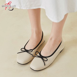 QiaoYiLuo ฝรั่งเศส moccasins ผู้หญิงฤดูร้อนโบว์สบาย ๆ สแควร์หัวแบนด้านล่างลื่นบน