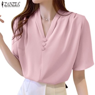 Zanzea เสื้อเบลาส์ คอวี แขนสั้น สีพื้น สไตล์เกาหลี เรียบง่าย สําหรับผู้หญิง