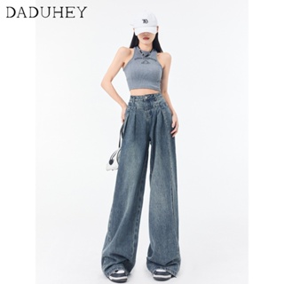DaDuHey🎈 Womens Retro Summer New High Waist Slimming Wide-Leg Loose Jeans Ins Korean Style Draping Washed Casual Mop Pants