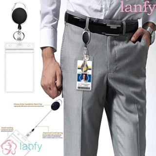 Lanfy ที่ใส่ป้ายชื่อ แบบยืดหดได้ พร้อมคลิปรีล พวงกุญแจใส อุปกรณ์สํานักงาน เคสบัตรเครดิต ทํางาน