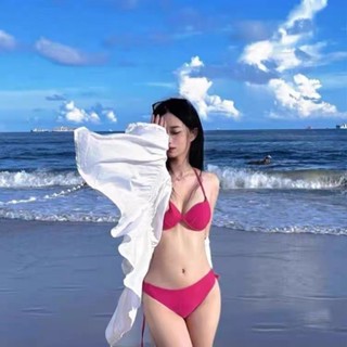 Fulllove ชุดว่ายน้ำ bikini บิกินี่สีพื้น สายยาวพันเอวตัดสั้นได้ มีฟองน้ำ