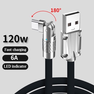 สายชาร์จเร็ว 6A USB Type C 180° สายชาร์จเร็ว หมุนได้ สําหรับ Samsung USB สายเคเบิลข้อมูล Micro USB โลหะผสมสังกะสี