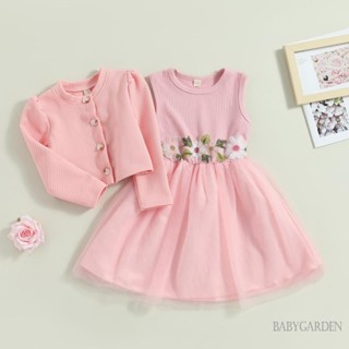 Babygarden-3-7 ปี ชุดเด็กผู้หญิง 2 ชิ้น ชุดเซต แขนกุด ปักลายดอกไม้ เดรสทรงเอ + เสื้อแจ็กเก็ตลําลอง แขนยาว