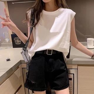 YY16 🔥ถูกมาก❗️ เสื้อยืดแขนกุด ใส่สบาย คอกลม เสื้อครอปเอวลอย COK