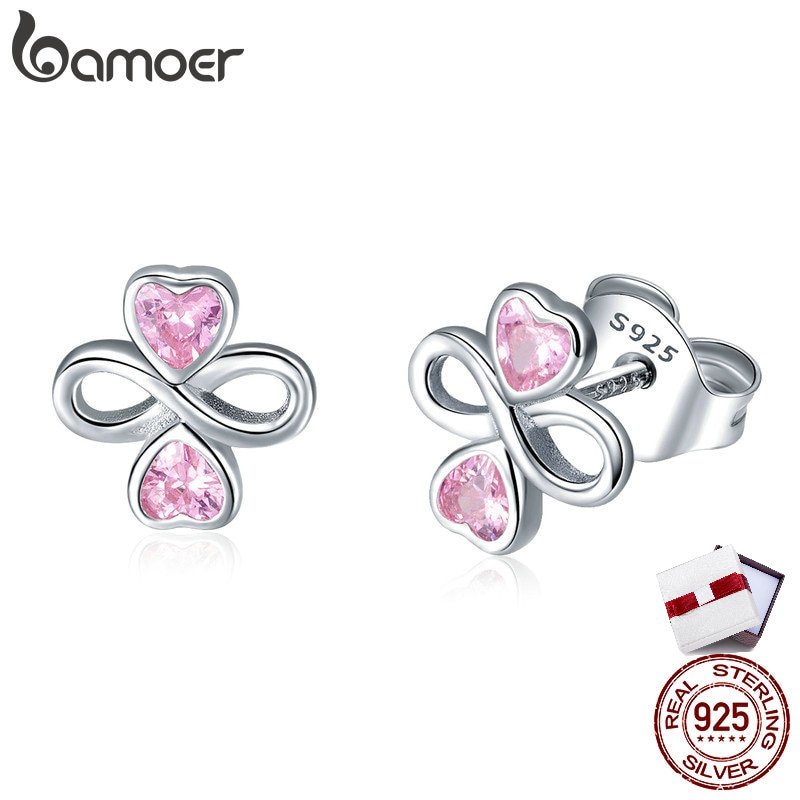 Bamoer ต่างหูสตั๊ด เงินแท้ 925 รูปใบโคลเวอร์หัวใจ สีชมพู สําหรับผู้หญิง SCE455