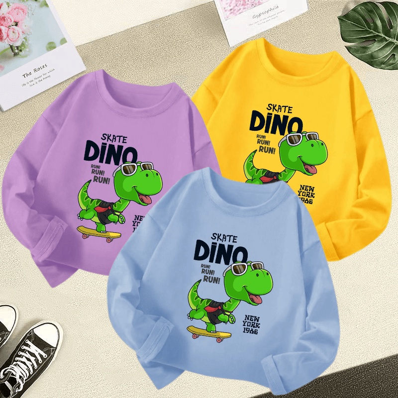 เสื้อยืดลําลอง แขนยาว คอกลม พิมพ์ลายการ์ตูนไดโนเสาร์ สําหรับเด็กผู้ชาย และเด็กผู้หญิง อายุ 3-12 ปี