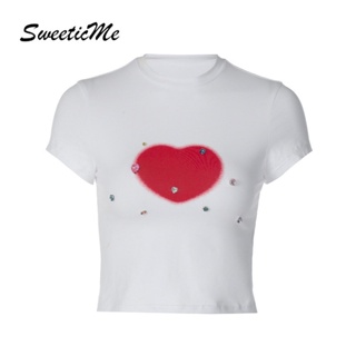 Sweeticme เสื้อยืดคอกลม แขนสั้น พิมพ์ลายหัวใจ เซ็กซี่ เข้ากับทุกการแต่งกาย แฟชั่นสําหรับผู้หญิง 2023