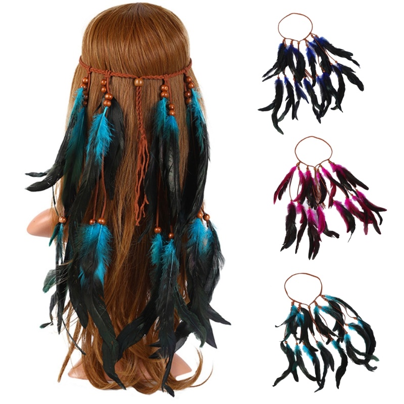Alilin Boho Feathered Hairband เชือกทนทานผ้าโพกศีรษะโบฮีเมียนสําหรับผู้หญิง